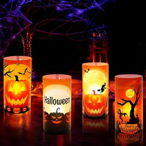 8 Pièces Photophores décoratifs de Table d'halloween, Photophore Halloween avec Citrouille/Chauve-Souris/SorcièRe/Araignée/Fantôme-Motif, pour Bougies Chauffe-Plat ou Bougies