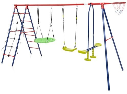 DREAMADE 6 in 1 Schaukelgestell Outdoor mit 2 Schaukeln Wippe Basketballkorb Kletterleiter Kletternetz, Kinderschaukel mit Gestell Schaukelgerüst, Gartenschaukel für Kinder 3-12 Jahre (Rot + Blau)