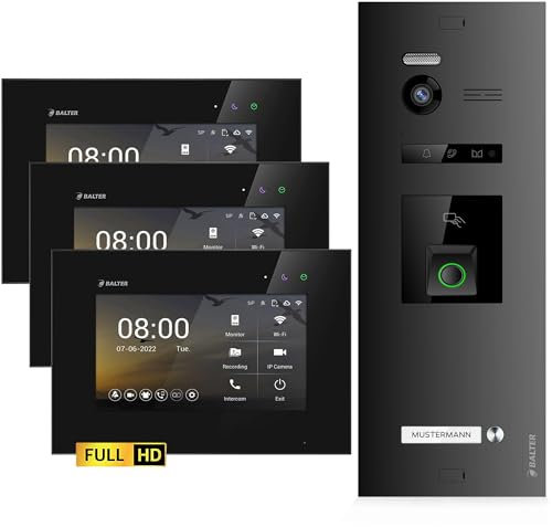 Balter EVO-HD Video Türsprechanlage mit Fingerprint, Video Türklingel, 1 Familienhaus, 3X 7 Zoll Monitore, Türklingel mit Kamera Full HD, 2 Draht Bus, 175° Weitwinkel, RFID,1080P