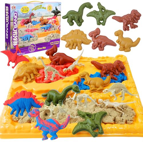 VBACALA Magic Sand Für Kinder,Magic Sand Sandbox Set mit 600g Spielsand Dinosaurier Figuren Spielzeug Welt,Sensorisches Sandspielzeug für Kinder Jungen ab 3 Jahre
