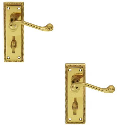 2 Pack - Georgian Scroll Bathroom Latch Door Handle - Polished Brass Lever on Backplate