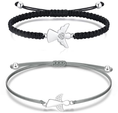 JENCVNL 2 Pièces Ange Gardien Bracelet Bracelet d'Ange pour Femmes Filles Bracelet Femme Cordon Porte Bonheur Bracelet Réglable Bracelet Couple Cadeau d'Anniversaire pour Maman Femme (Noir+Gris)