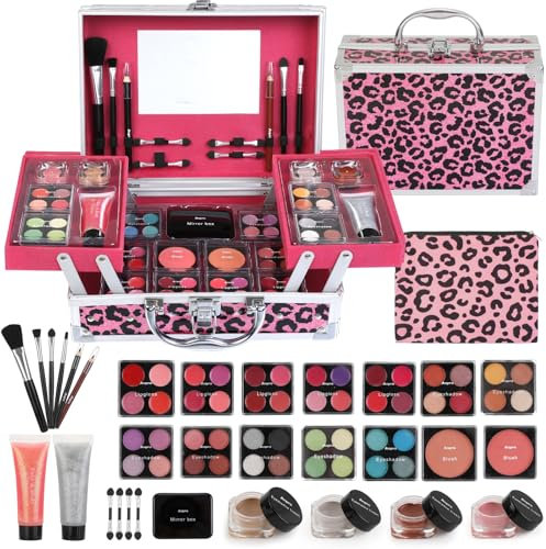 Anpro Leopord - Astuccio per trucco tutto in uno, doppio pieghevole, con set di trucco Pro Teen, kit completo di cosmetici con pennelli per il trucco, palette di ombretti, regalo ideale per ragazze