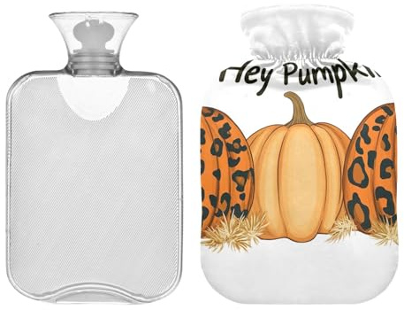 Hey Pumpkins with Leopard Print Hot Water Bottle with Velvet Cover, 2L Hot Water Bag for Hot and Cold Compress, Hot Water Bottles with Covers, Ideal for Menstrual Cramps Neck and Shoulder Pain Relief