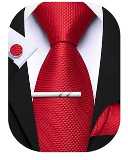 Barry.Wang Gestreifte Krawatte mit Krawattenklammer für Herren, Seidenkrawatte, Einstecktuch, Manschettenknöpfe, Set, formell, Business, Hochzeit, Party, rot, Einheitsgröße