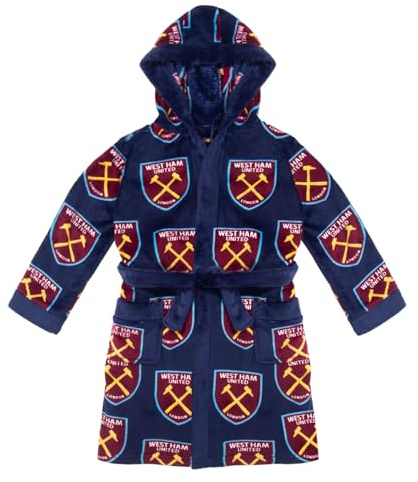 West Ham United FC Boys Dressing Gown Robe Hooded Fleece Kids OFFICIAL Football