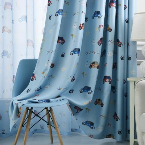 Amidoudou 2er-Set Vorhänge Auto Kinderzimmer,Vorhänge Kinderzimmer Junge,Vorhänge für Kleine Fenster (Blau,230 x 140 cm)