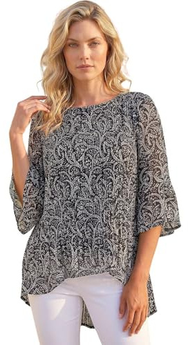 Roman Originals Floral Print Pleated Top for Women UK - Ladies Everyday Autumn Winter Round Neckline Comfy Soft Evening Vacation Work Party Night Out - Black White - Size 12