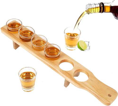 NIUBEST Shot Glass Holder Set of 6 Tequila Shot Glasses and Serving Tray,Clear Shot Glass Set for Party, Bar, Club, Cocktail(Nature Wood)