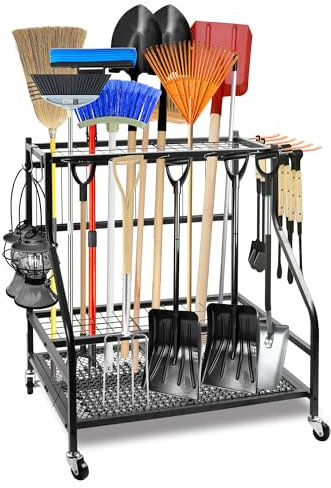 YOUNITA Garden Tool Organizer for Garage,Tool Organizers and Storage，Garden Tool Rack,Yard Tool Storage,Garden Tool Stand,Up to 58 Long-Handled Tools,4 multi-direction wheels lockable (28.4 inch)