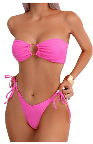 GORGLITTER Damen Bandeau Bikini Sets Trägerloses Bikinioberteil Tanga High Waist 2 Piece Strandmode Zweiteiliger Swimsuits Bikinis mit Ring Heißes Pink M