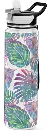 Tropical Palm Leaves Jungle Monstera Water Bottle 1L with Straw, Leakproof BPA Free Tritan Drink Bottle, Sport Water Bottle for Men Women Kids