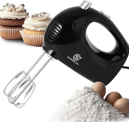 SUPERLEX Handmixer 250W mit 5 Geschwindigkeitsstufen | Edelstahl-Schneebesen & Knethaken Spülmaschinengeeignet | Leiser Motor (unter 60 dB) | Sicherheitsstopp & Ergonomischer Griff | 2 Jahre Garantie