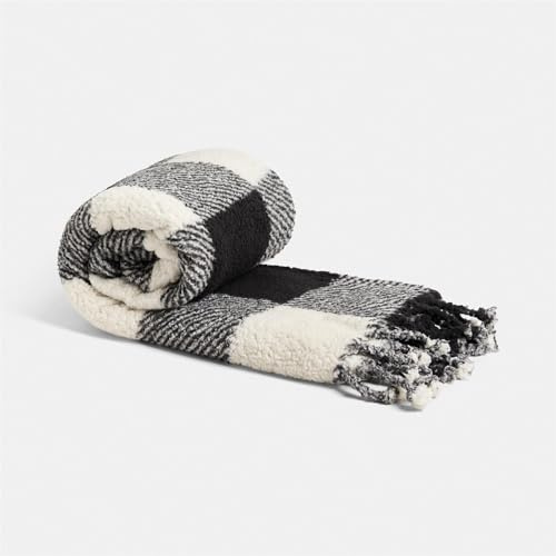 OHS Sherpa Throw Blanket for Bed, Ultra Soft Warm Classic Gingham Tassel Sherpa Throws for Sofa Lightweight Cosy Single Bed Throw Fleece Blanket, Monochrome - 120 x 150cm