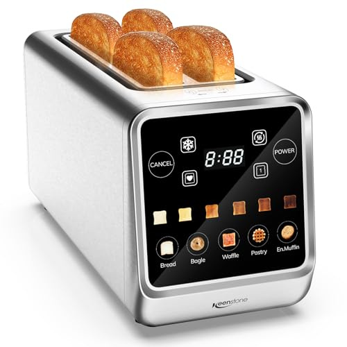 Keenstone Grille-pain 4 Tranches, Intelligent Écran Tactile, Mémoire, Grillage d’Une Tranche, Minuterie, Réchauffage/Dégivrage pour Bagels, Muffins, Essentiel Acier Inoxydable