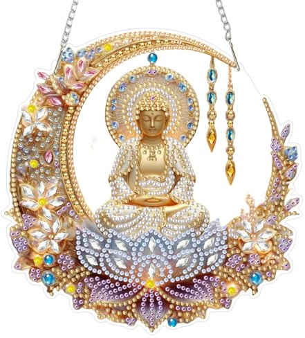 AIRDEA Statue de Bouddha Diamond Painting Pendentif Acrylique Double Face Adulte, 5D DIY Fleur de lotus Peinture Diamant Pendentif Attrape Soleil Adulte, Diamant Painting Ornement Suspendu 8x8 inch