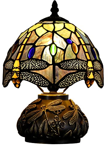 SYETL Small Tiffany Lamp Mini Stained Glass Table Lamp Brown Yellow Dragonfly Style Mushroom Desk Light Memory Sympathy Lamp 8X11 Inch