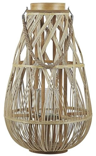 Dekolaterne Bambusholz hellbraun 56 cm mit Glas Kerzenhalter Griff Boho Tonga