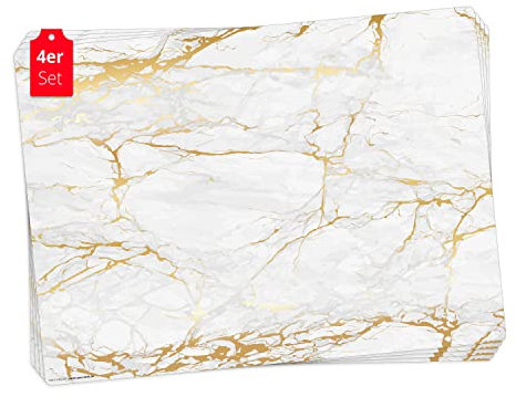 Tischset | Platzset abwaschbar - Weißer Marmor mit Goldadern - 4 Stück aus erstklassigem Vinyl (Kunststoff - BPA-frei) - rutschfeste Tischunterlage - Made in Germany