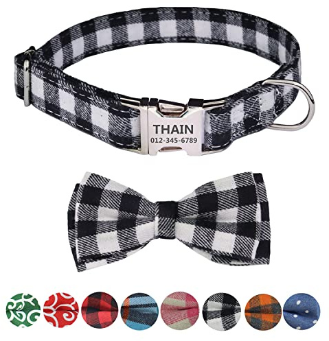 THAIN Personalised Dog Collars with bowtie Custom Engraved dog Collar with Nameplate for small medium large dogs(S(neck 9.8-13.8), White Plaid)