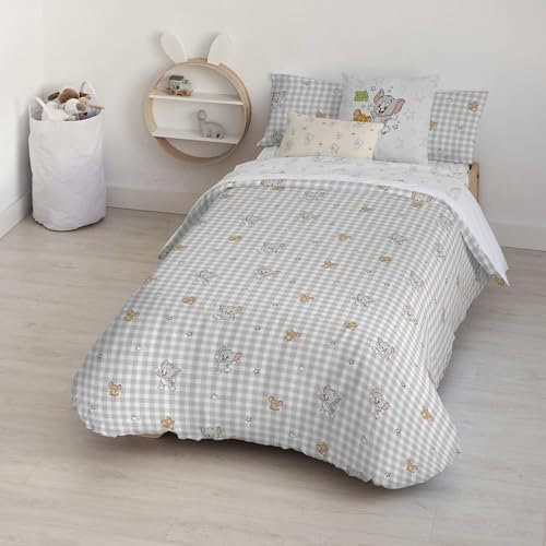 Belum | Bettbezug mit Knöpfen, 100% Baumwolle, Modell: Tom Jerry Vichy, Bett mit 90 cm (155 x 220 cm), Leichter und bequemer Bettbezug, offizielles Lizenzprodukt
