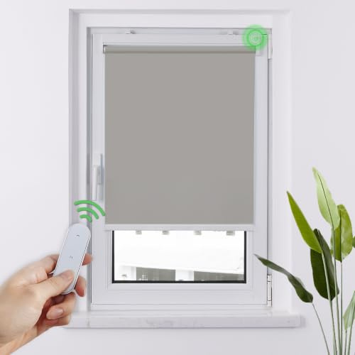 HOMEDEMO M100 Elektrische Rollos Verdunkelungsrollo mit Motor & Fernbedienung, Grau 65x100cm(BxH), Smart Rollo ohne Bohren klemmfix & mit Bohren, Sonnenschutz Sichtschutz Rollo für Fenster
