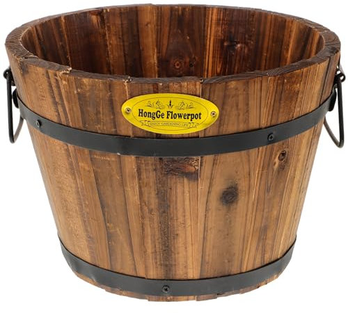 HEMOTON Wood Flower Bucket Large Outdoor Planter Medium Garden Wooden Effect Planter, Outdoor Half Whiskey Cask Flower Pot, Indoor Rustic Patio Grow Plant Container Large Indoor Planters