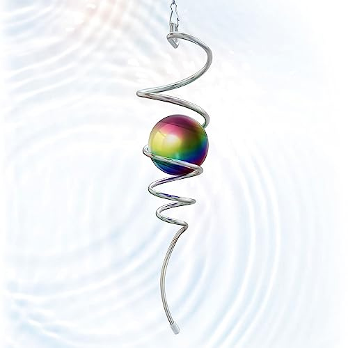 Eiryhope Gazing Ball Spiral Tail, Wind Spinner Stabilizer with Multi Color Sphere & Swivel Hook, Sun Catcher 11 Tail and 2 Stainless Steel Orb, Indoor Outdoor Garden Decor, Creative Gifts 13 inch