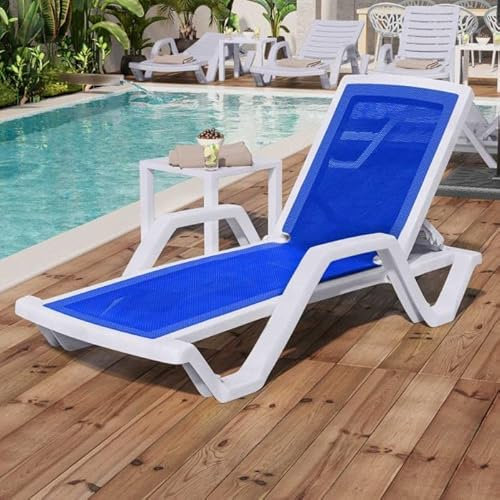 GGMMÖBEL 2er-Set Florida | Sonnenliege | Textilien/Kunststoff | +Arm | Weiß/Blau | Stapelbar | Strandliege, Bäderliege, Poolliege