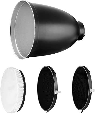 Rollei Refelktor-Set 45° mit Grids, 45 Grad Reflektor mit 3 verschiedenen Grids und einem Diffusor-Tuch zur optimalen Lichtstreuung. Bowens S-Type Anschluss., Schwarz, 28177