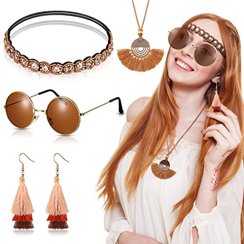 4 Stück Hippie Kostüm Set Boho 60er 70er Kostüm Damen Vintage Hippie Accessoires Set Böhmen Hippie Stirnbänder, Runde Vintage Hippie Brille, Feder Kette und Fransen Ohrring für Mädchen Karneval