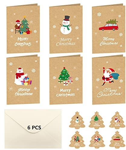 6 StüCk Weihnachtskarten Set, Weihnachtskarte Mit Umschläge Mini Weihnachten Karten Blanko Klappkarten Weihnachtskarten Postkarten Kommt Mit 6 Designs Merry Christmas (15cm*10cm)
