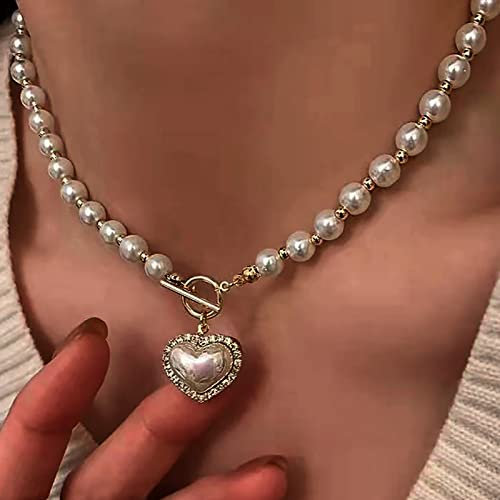 Atentuyi Boho Perlen Choker Halskette Gold Cz Liebe Herz Anhänger Halskette T Bar Choker Vintage Große Perlenkette Knebelverschluss Halskette Schmuck für Frauen Mädchen und Bräute Hochzeit