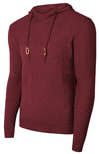 Genfien Pull décontracté à Capuche à Manches Longues pour Homme avec Encolure en Entonnoir à Carreaux en Jacquard,XL,Vin Rouge