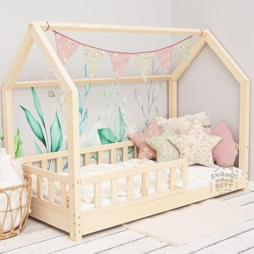 Hausbett 80x140 Mit Rausfallschutz Naturholz - Bell Nuo - Kinderbett mit Lattenrost - Stabiles Rausfallschutz Bett für Kinderzimmer - Gemütlich Kinderbett Mädchen