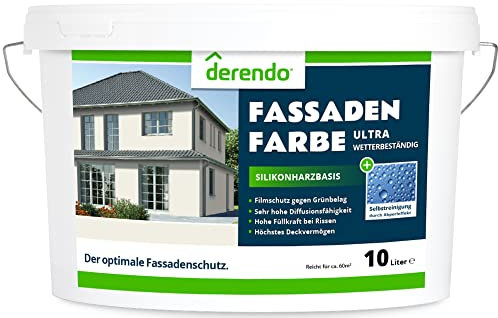 derendo Silikonharz Fassadenfarbe ULTRA Wetterschutz Altweiss 10 l aussen Fassade Silikonharzfarbe mit Abperleffekt Lotus Blatt Fassadenschutz Schmutzabweisende Silikonharzbeschichtung