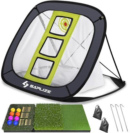 SAPLIZE Ultra-Stable Golf Chipping Net, Large Golfing Target Net with Sand Bag, Hitting Mat and Balls for Indoor/Outdoor/Backyard Accuracy and Swing Practice, Portable Golf Training Net