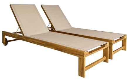 sweeek - Lot de 2 Bains de Soleil en Bois d'acacia et textilène Beige. Multi Positions avec roulettes
