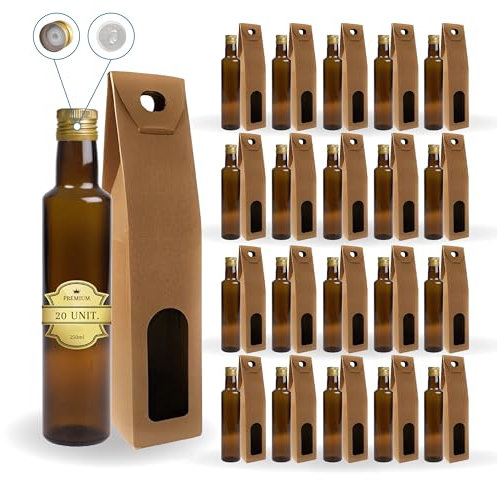 20 bottiglie in vetro scuro 250 ml con tappo a vite dorato con beccuccio versatore + 20 scatole | olio d'oliva, aceto, alcol, salse | oliera