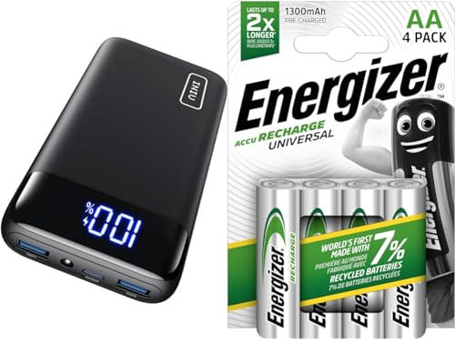 INIU Power Bank, 20000mAh Fast Charging Portable Charger, 22.5W Powerbank with USB C Input & Output & Energizer Rechargeable AA Batteries, Universal Double AA, Pack of 4