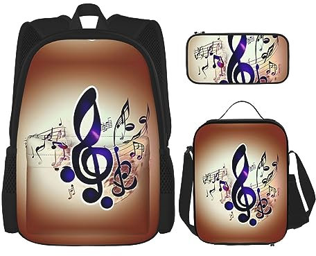 HJLUUFT Purple Music Notes Practical 3pcs Backpack Set â€“ Large School Bag With Lunch Box And Pencil Case For Students,Backpack And Lunch Box Set