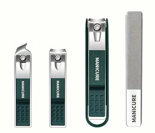 Nail Clippers Set with Nail File, Sharp Edge Fingernail and Toenail Clipper Cutter, Nail File, Thick Nail Trimmer, Stainless Steel Toenail Clipper for Manicure and Pedicure (4 Pc Set - Green)