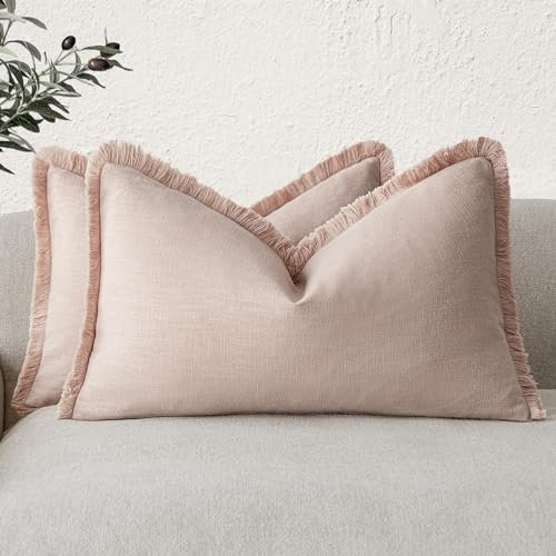 Foindtower Dekorative Leinen-Kissenbezüge im Boho-Stil mit Fransen, Landhaus-Kissenbezug mit Quasten, weich, Couch, Sofa, Bett, Wohnzimmer, Inneneinrichtung, 2 Stück, 30,5 x 50,8 cm, helles Pink