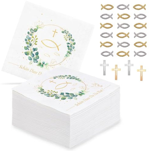 Forhandy 80 Stück Servietten Taufe 33x33cm mit Fisch und Eukalyptus Weiß - 50pcs Holz Fischdekoration Tischdeko mit Spruch Schön dass Du Da Bist für Hochzeit Babytaufe