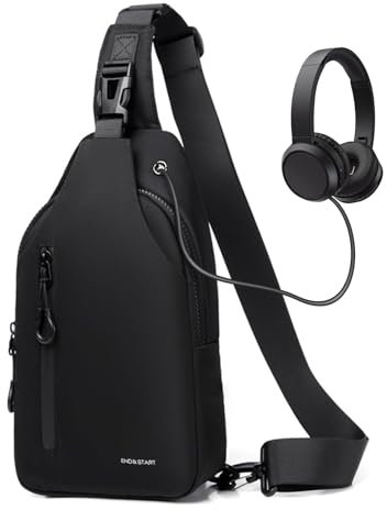 Lidxfeo Schultertasche mit Kopfhörerloch, Wasserdichter Brusttasche Chest Herren, Mehrere Taschen Sling Rucksack, Anti-Diebstahl Multipurpose Crossbody Bag, für Wandern, Reisen, Klettern Usw