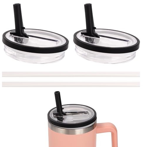 Risipu 2 tapas de repuesto Stanley de 40 onzas, a prueba de fugas y salpicaduras, se adapta a accesorios de taza Stanley de 40 onzas, tapas aisladas con agujeros para popote, popote plegable (negro)