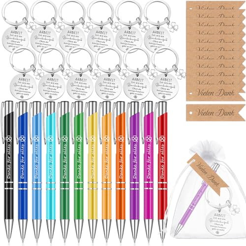 Nezyo 12 Set Abschiedsgeschenk für Kollegen Schüler Dankeschön Geschenke Klein Schlüsselanhänger Danke für alles Kugelschreiber Etikett Mullbeutel für Mitarbeiter Team Abschluss Erzieher(Stilvoll)