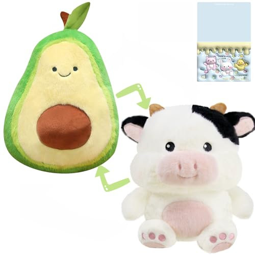 Avocado kuscheltier, Kuh kuscheltier, 2-in-1 Avocado-wendbares Plüschspielzeug - Weiches und süßes beidseitig verwandelbares Kuscheltier, Kreatives Geschenk für Kinder(26cm)+Exquisite Grußkarte