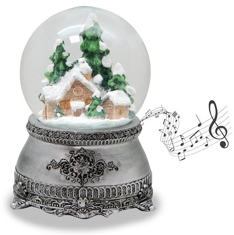 Schneekugel Weihnachten Spieluhr | Winterhütte Schnee | Sockel Zinnoptik mit Ornamenten | Höhe: 14cm Breite 10 cm | 20283 (Hütte Zinnsockel)