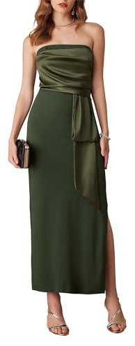 GRACE KARIN Vestido largo de noche para mujer, con abertura, elegante, de satén, sin tirantes, sexy, para cóctel, bodycon, Verde militar., 44